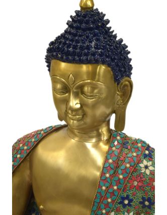Buddha, kovová soška vykládaná polodrahokamy, 60x50x97cm