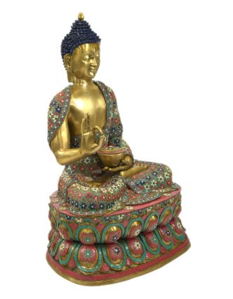 Buddha, kovová soška vykládaná polodrahokamy, 60x50x97cm
