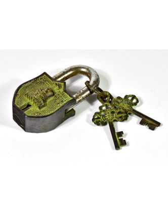 Visací zámek, hlava s kobrou, mosaz zelený antik, dva klíče, 8x4cm, klíč 6cm