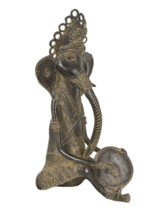 Ganeš hrající na činel, Tribal Art, mosazná socha, 14x15x29cm