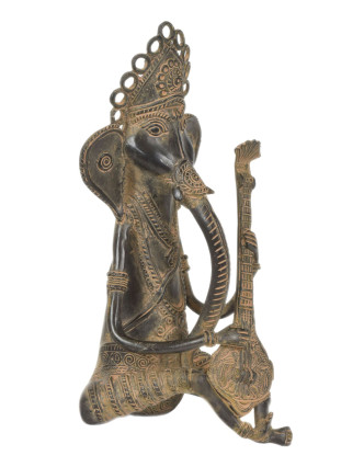 Ganeš hrající na sitar, Tribal Art, mosazná socha, 14x15x29cm
