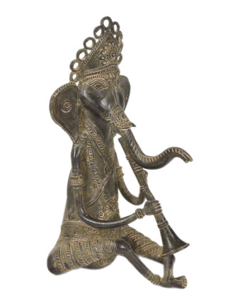 Ganeš hrající na klarinet, Tribal Art, mosazná socha, 14x15x29cm