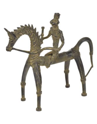Jezdec na koni, Tribal Art, mosazná socha, 22x8x21cm