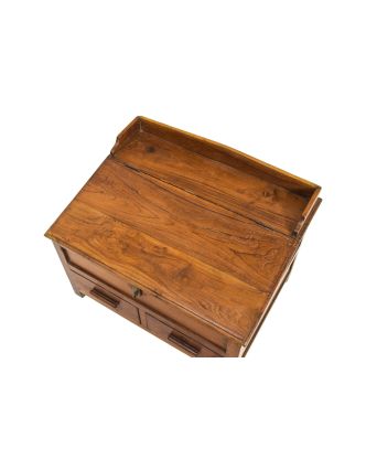 Starý kupecký stolek z teakového dřeva, šuplíky, 63x48x45cm