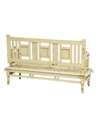 Stará lavička z teakového dřeva, zdobená dlaždicemi, bílá patina, 143x55x87cm