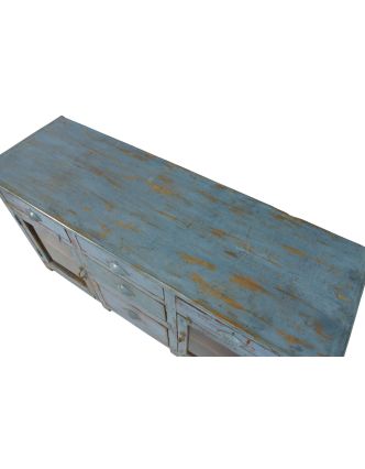 Komoda z teakového dřeva, šedo modrá patina, 141x46x75cm