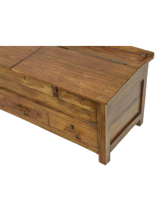 Starý kupecký stolek z teakového dřeva, šuplíky, 123x46x48cm