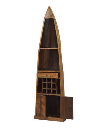 Knihovna/vinotéka z mangového dřeva ve tvaru lodi, 58x45x210cm