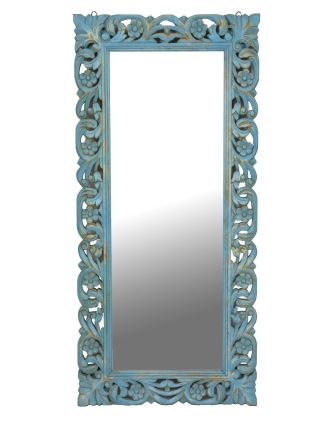 Tyrkysové ručně vyřezávané zrcadlo z mangového dřeva, 60x4x130cm