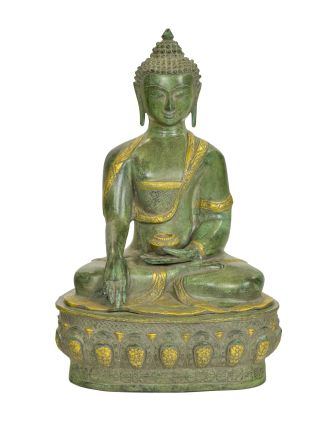 Buddha Šakjamuni, antik zelená patina, mosaz, 35x30x52cm