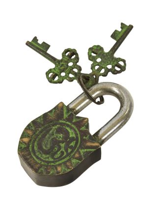 Visací zámek, Lakšmí, zelená patina mosaz, dva klíče ve tvaru dorje, 9cm