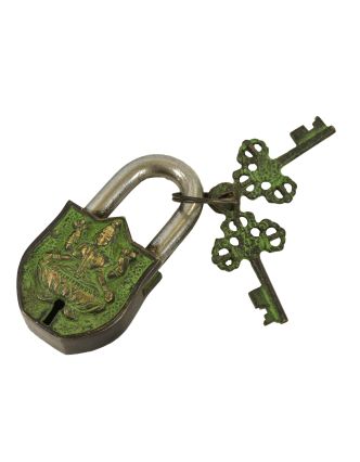 Visací zámek, Lakšmí, zelená patina mosaz, dva klíče ve tvaru dorje, 9cm