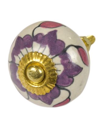 Malovaná porcelánová úchytka na šuplík, bílá, fialová květina, růžové listy, 4cm