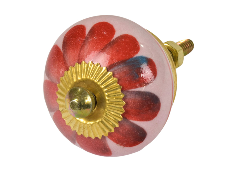 Malovaná porcelánová úchytka na šuplík, světle růžová, červená květina, 3,7cm