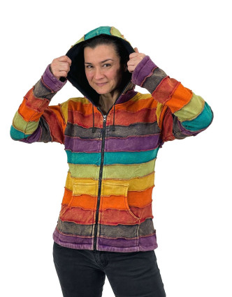 Prodloužená multibarevná mikina se špičatou kapucí, podšívkou, na zip
