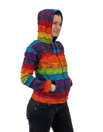 Multibarevná patchworková mikina s kapucí a potiskem, podšitá flísem, kapsy, zip