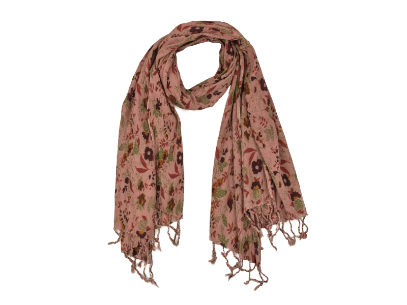 Šátek, bavlna, růžový, tisk květy, mačkaná úprava, třásně, pružný 67až100x162cm
