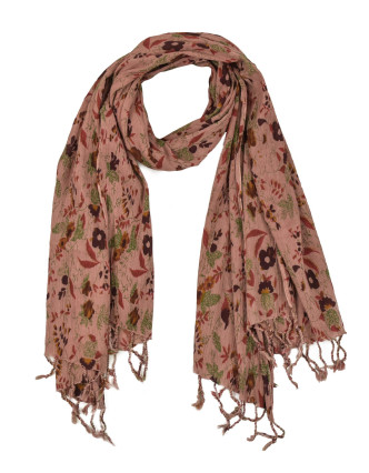 Šátek, bavlna, růžový, tisk květy, mačkaná úprava, třásně, pružný 67až100x162cm
