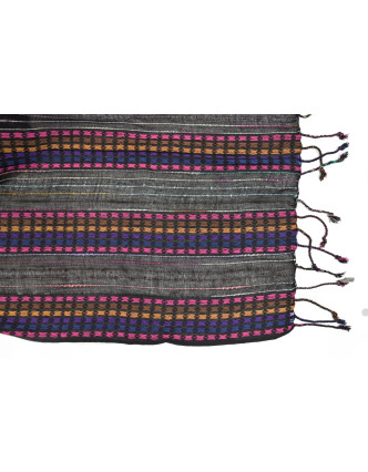 Dlouhý šátek s barevným protkáváním a třásněmi, černý, 48x176cm
