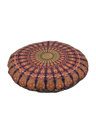 Meditační polštář, kulatý, modro-červený, mandala paví pera, 80x10cm