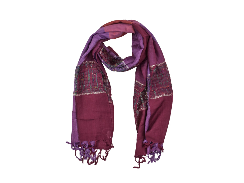 Šátek, čtverce, pruhy, třásně, odstíny fialové, 56x190cm