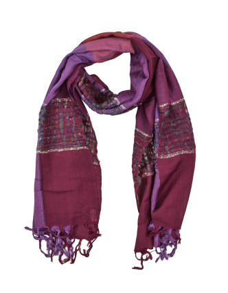 Šátek, čtverce, pruhy, třásně, odstíny fialové, 56x190cm