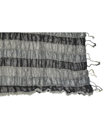 Šátek, wrap proužky, elastický, černo-šedý, třásně, bavlna, 58x160 až 180cm