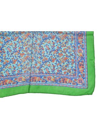 Šátek z hedvábí, čtverec, drobný potisk květin, zeleno-modrý, 100x100cm