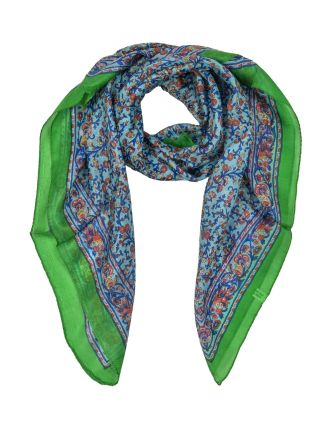 Šátek z hedvábí, čtverec, drobný potisk květin, zeleno-modrý, 100x100cm