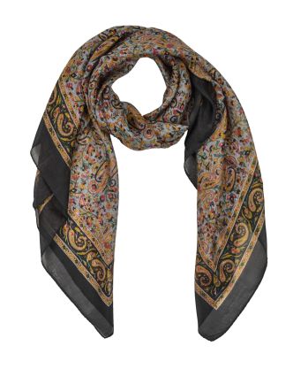 Šátek z hedvábí, čtverec, paisley potisk, černý, 100x100cm