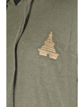 Konopné pánské khaki tričko s kapucí, výšivka stupa, kapsa na břiše
