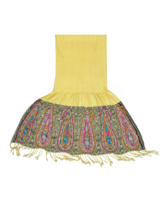 Žlutá šála z pružného materiálu, tradiční paisly motivy, 189x25cm