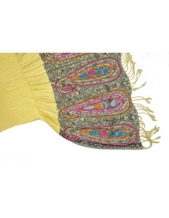 Šátek, viskóza, výšívaný, elastický, paisley, žlutý, třásne, 189x25 až 50cm