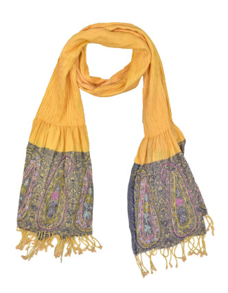 Šátek, viskóza, výšívaný, elastický, paisley, oranžový, třásne, 189x25 až 50cm