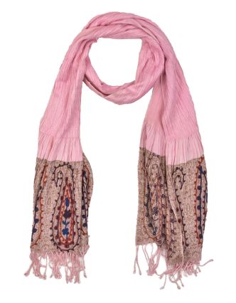 Šátek, viskóza, výšívaný, elastický, paisley, růžový, třásne, 189x25 až 50cm
