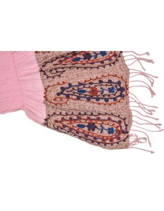 Šátek, viskóza, výšívaný, elastický, paisley, růžový, třásne, 189x25 až 50cm