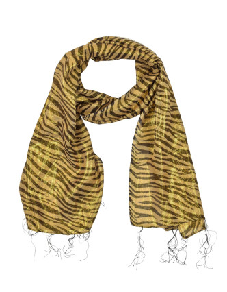 Šátek se zvířecím potiskem, hnědo-béžový, viskóza, zlatý lurex, 45x164cm