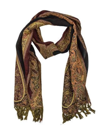 Luxusní vlněný šál, vínový, paisley vzor, třásně, 32x154cm