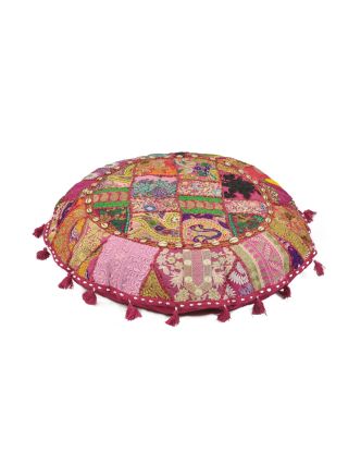 Meditační polštář, ručně vyšívaný Kutch Design, růžový, kulatý, 75x15cm
