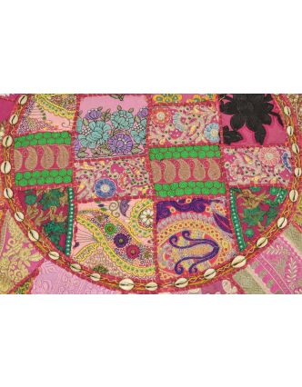 Meditační polštář, ručně vyšívaný Kutch Design, růžový, kulatý, 75x15cm