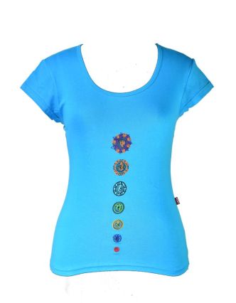 Tyrkysové tričko s krátkým rukávem "Chakra" design a barevná výšivka