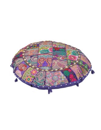 Meditační polštář, ručně vyšívaný Kutch Design, fialový, kulatý, 75x15cm