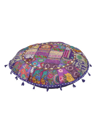 Meditační polštář, ručně vyšívaný Kutch Design, fialový, kulatý, 75x15cm