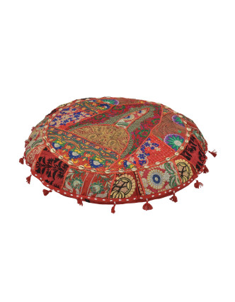 Meditační polštář, ručně vyšívaný Kutch Design, červený, kulatý, 75x15cm