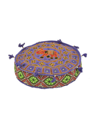 Meditační polštář, ručně vyšívaný Gujarat Elephant Design kulatý 40x12cm