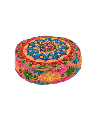 Meditační polštář, hnědý, ručně vyšívaný Kashmir Floral Design, kulatý 40x12cm