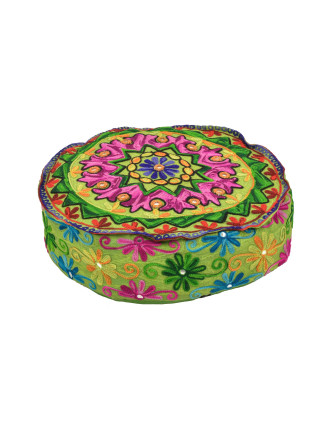 Meditační polštář, zelený, ručně vyšívaný Kashmir Floral Design, kulatý 40x12cm