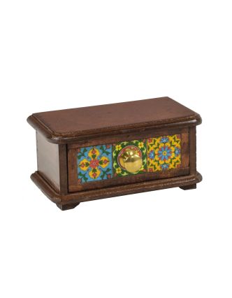 Dřevěná skříňka s šuplíkem, keramické dlaždice, kovové madlo, 21x12x11cm