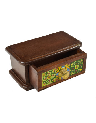 Dřevěná skříňka, jeden šuplík, keramické dlaždice, kovové madlo, 21x11,5x10,5cm