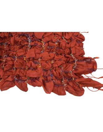 Šátek, hedvábí, prošívaný gumičkou-čtverce, třásně, cihlově červený 20*160cm